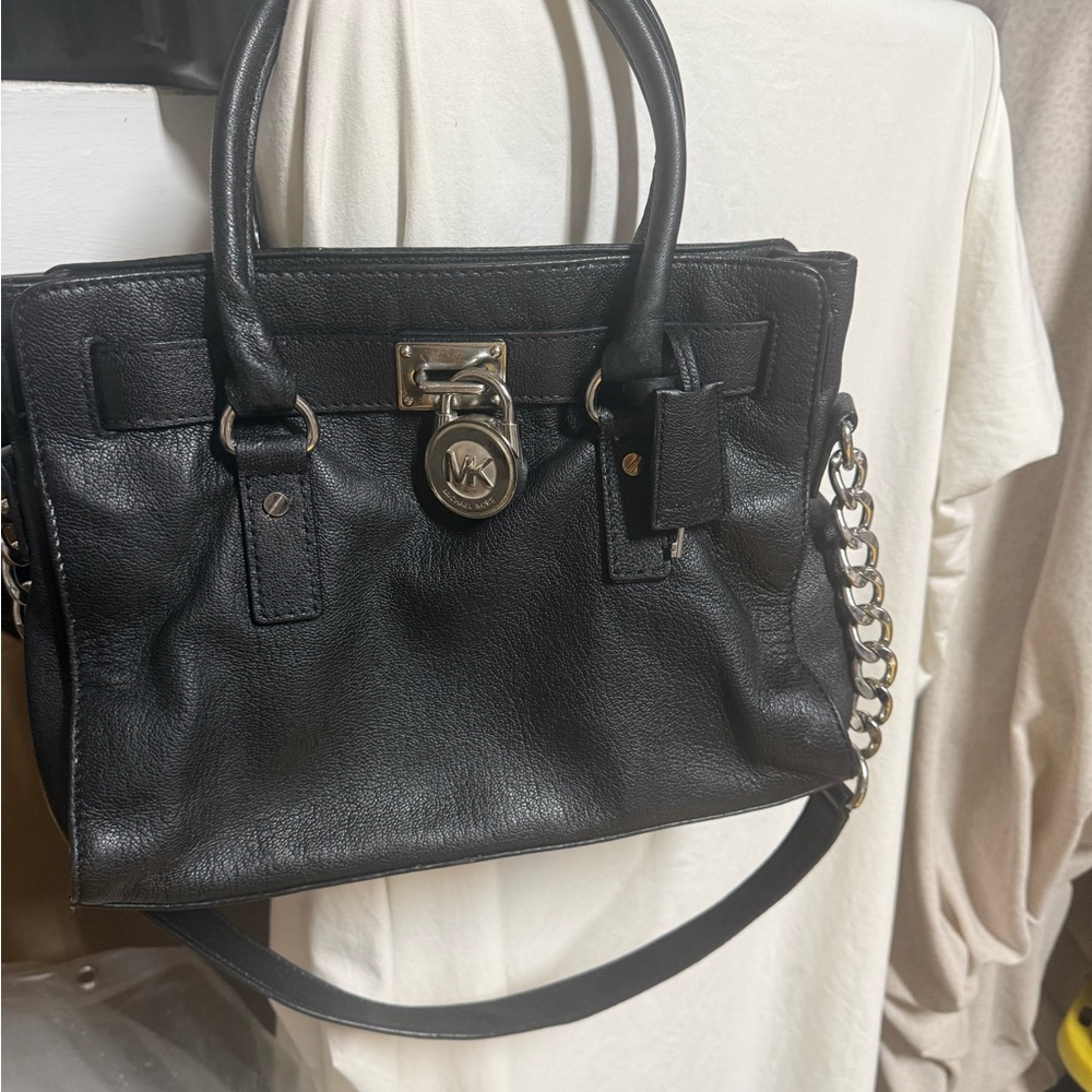 MICHAEL Michael Kors Black Leather Satchel with Gold Hardware and Chain Strap